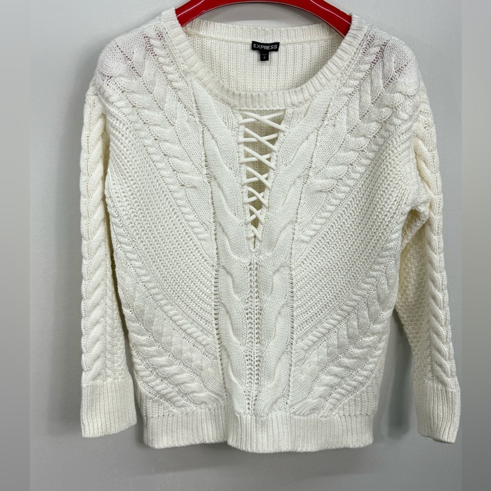 Express White Cream Cable Knit Sweater with Crisscross detailing front, S